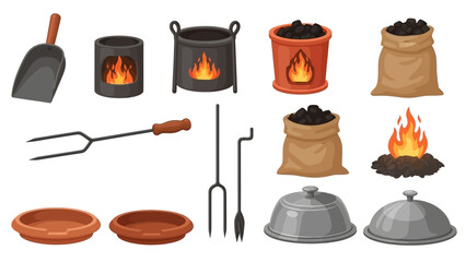Collection of various outdoor cooking utensils and campfire cookware laid out.