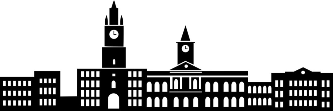 Black silhouette of a university campus skyline featuring clock towers and academic buildings. Professional graphic for higher education, graduation, and school architecture themes.