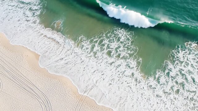 Aerial view of turquoise ocean waves crashing on a sandy beach with tire tracks.