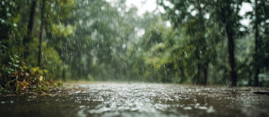 Fototapeta premium Close-up view of rain falling on a wet, blurred road with a green forest backdrop