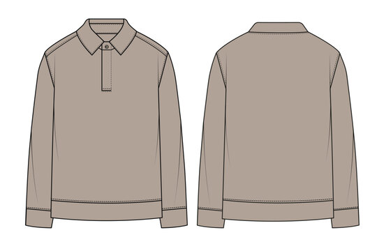 Long sleeve polo sweatshirt technical flat sketch template vector. Men's casual collared shirt technical drawing front and back. Technical fashion sketch of a minimalist long sleeve polo shirt.

