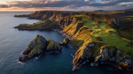 Coastal headland with steep cliffs, green slopes, and dramatic golden light