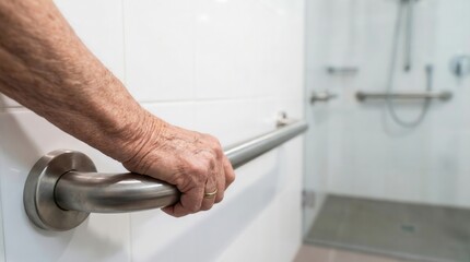 Naklejka premium real estate agent senior clients concept. A hand gripping a safety rail in a bathroom setting.