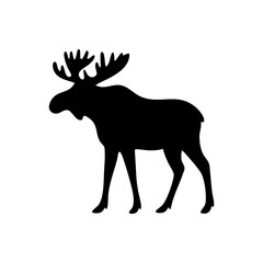 A majestic black moose silhouette stands proudly in profile on a clean white background.