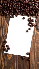 Blank white card framed by scattered coffee beans on a textured dark brown wooden surface, shot in portrait