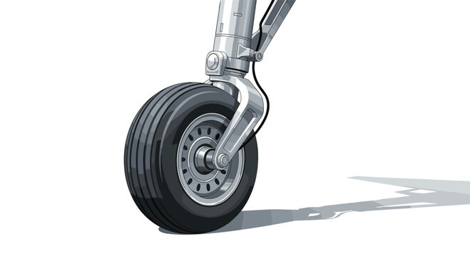Close-up illustration of a heavy-duty airplane landing gear wheel with its tire, rim, and complex mechanical assembly, isolated on white.