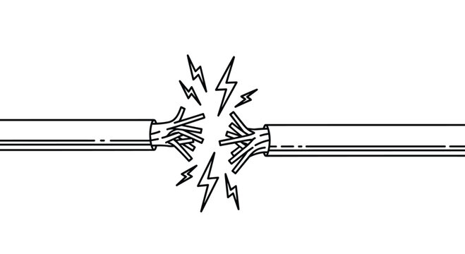 Black and white line art illustration shows two ends of a broken electrical wire producing sharp sparks to indicate a dangerous short circuit.