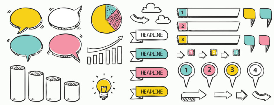 Hand drawn infographic doodle elements set with speech bubbles, charts, arrows, labels, icons, and headline banners. Creative sketch style design elements for presentations, UI, UX, and business visua