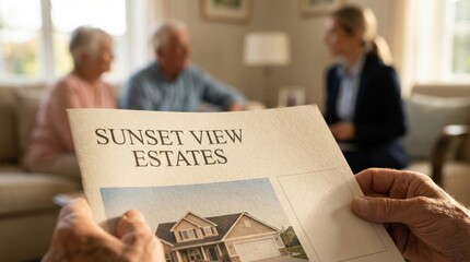 real estate agent senior clients concept. A couple discusses real estate with an agent in a cozy setting.