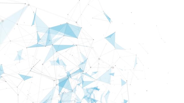 Bright white abstract background with a dynamic network of light blue geometric triangular shapes and scattered grey dots connected by thin lines, representing data flow and digital communication