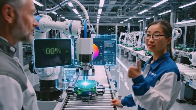 Industrial laboratory setting calibrates sensors with collaborative robotic arms, Precise sensor calibration carried out by engineers using touchscreen and robotic arms in hightech environment