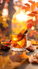Glass filled with amber liquid, orange peel and cinnamon sticks, surrounded by colorful autumn leaves