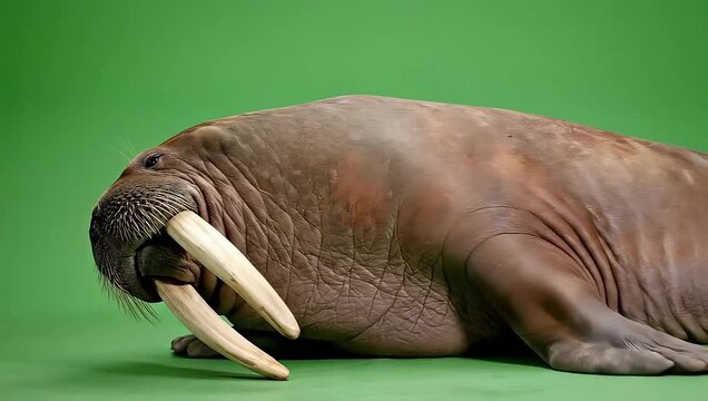 Walrus Closeup on Green Background Studio Shot.