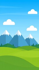 Fototapeta premium A serene landscape with rolling green hills, snow-capped mountains, and a clear blue sky with fluffy white clouds