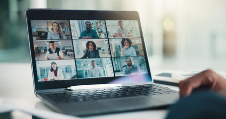 Hands, laptop screen or virtual conference in office for finance update, investment insight or review. Financial team, people and video call meeting for risk management, project briefing and feedback