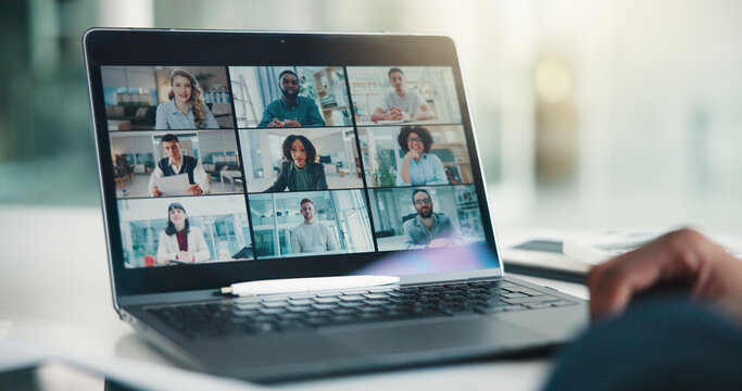 Hands, laptop screen or virtual conference in office for finance update, investment insight or review. Financial team, people and video call meeting for risk management, project briefing and feedback