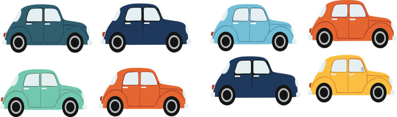 Cute cartoon car illustration set in different colors for kids, transportation, nursery and playful design projects © MdMojnu