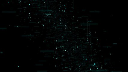 Abstract digital data stream with glowing turquoise particles and floating numbers against a dark black background representing big data analytics and network connections - Powered by Adobe