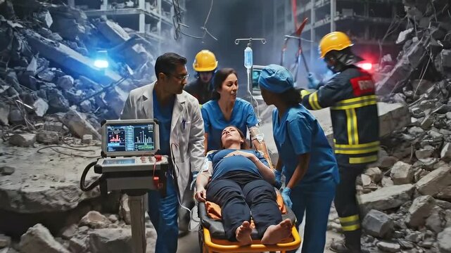 medical team triaging injured survivor amid urban rubble stretcher and monitor present firefighter assisting iv infusion paramedic coordinating evacuation calm decisive actions under emergency