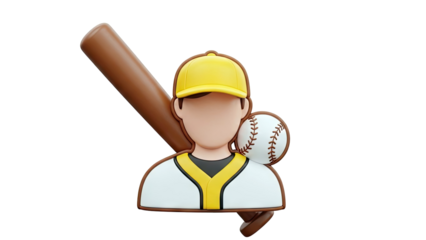 3D Baseball Player Icon with Bat and Ball