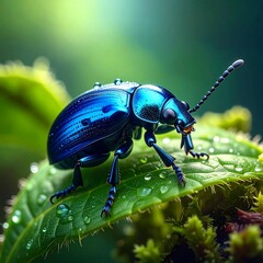 Iridescent blue beetle sits on dewy leaf, close up. Emerald green background. Shiny and vibrant