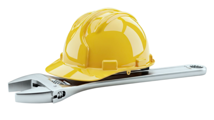 Yellow Hard Hat Resting on an Adjustable Wrench