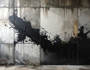 An abstract wall with multiple panels shows black paint splatters and dripping over gray tones with textures and a floor