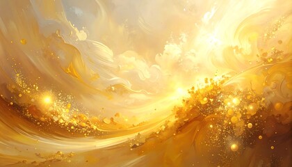 An abstract, warm-toned composition with flowing, golden forms evoking light and energy; shimmering details enhance the ethereal feel