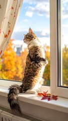 Cat stands on a sunny windowsill looking out at fall foliage under a blue sky with puffy white clouds
