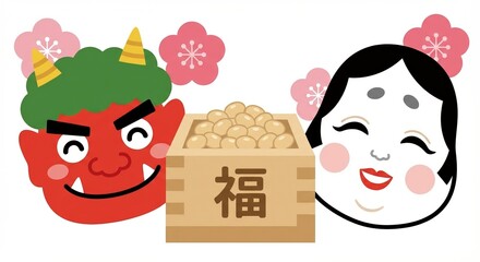 節分の赤鬼とおかめと福豆のイラストセットで日本の行事素材 generative ai