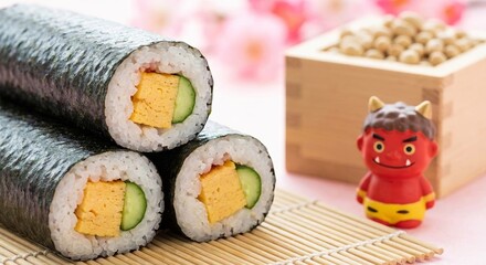 節分の恵方巻と鬼の人形と豆が置かれた日本の伝統行事のイメージ generative ai