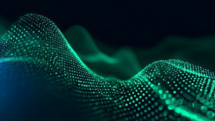 Abstract digital wave of glowing green particles flowing and undulating across a dark futuristic technological background with subtle blue light accents
