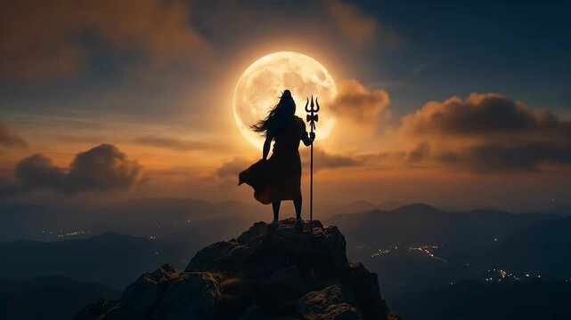 Lord shiva stands in a powerful silhouette, holding his trishula on a rugged mountaintop beneath a mystical golden full moon.