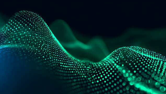 Abstract digital wave of glowing green particles flowing and undulating across a dark futuristic technological background with subtle blue light accents