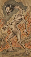 炎に包まれた地獄で長い首を持つ妖怪が描かれた浮世絵風アート generative ai