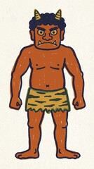 虎柄のパンツを履いて立っている素朴なタッチの赤鬼のイラスト generative ai