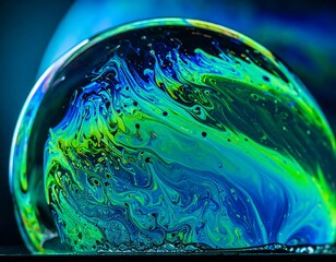 Iridescent bubble closeup with swirled patterns of blue, green, and yellow floating on a dark surface