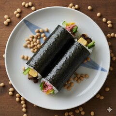 皿の上に盛り付けられた二本の恵方巻と散らばった大豆の俯瞰図 generative ai