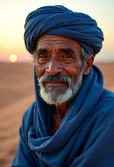 desert nomad man with cobalt blue linen turban, weathered skin portrait, soft sunset rim lighting, 8k