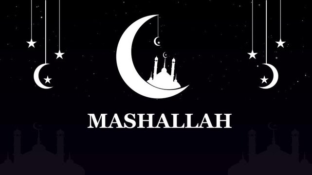 MASHALLAH text animation with mosque and crescent moon designed for Islamic festival celebration on background.Sparkling light islamic greeting text motion background