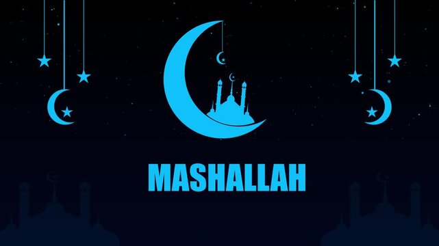 MASHALLAH text animation with mosque and crescent moon designed for Islamic festival celebration on background.Sparkling light islamic greeting text motion background