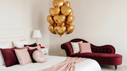 Elegant Bedroom Setting with Golden Heart Balloons: A Stylish and Romantic Space Featuring Plush Decor and Cozy Atmosphere for Special Occasions