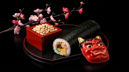 黒い背景に映える節分の恵方巻と赤い升に入った大豆と梅の花の装飾 generative ai