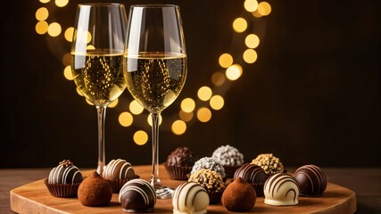 Elegant Celebration: Two Flutes of Sparkling White Wine Accompanied by Assorted Gourmet Chocolates on a Wooden Board with Warm Bokeh Background