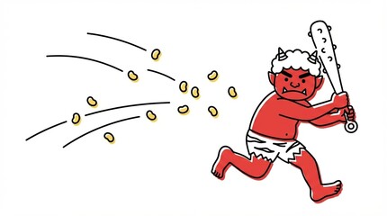 節分の豆まきで豆を投げられて慌てて逃げ出している赤鬼の線画イラスト generative ai