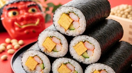 たくさん積み上げられた具沢山の恵方巻と背景の赤鬼のお面の節分イメージ generative ai