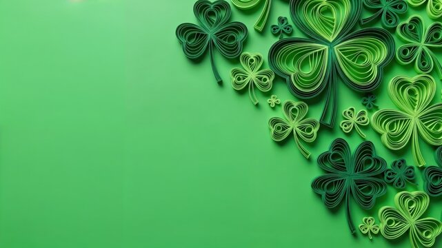 A Vibrant Collection of Quilling Green Shamrocks on a Bright Green Background Perfect for St. Patrick's Day Celebrations and Crafts