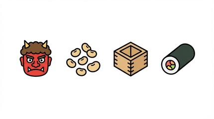 シンプルな太い線で描かれた節分に関連する4つのアイコンイラストセット generative ai