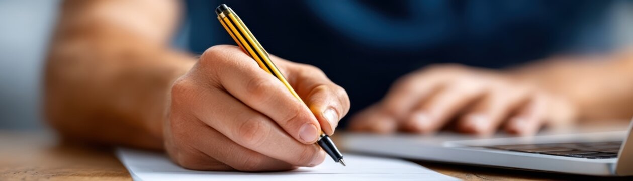 Person writing on paper with pen close up of hands holding pen actively writing notes on blank paper sheet