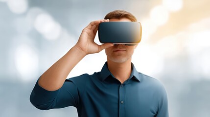 Man in virtual reality man experiencing virtual reality immersed in digital world